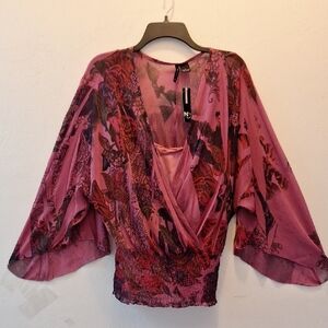 Floral Print Surplice Blouse with Smocked Waist in Pink